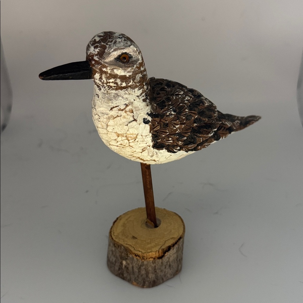 Handcrafted Wooden Shorebird Figurine - Brown and Tan